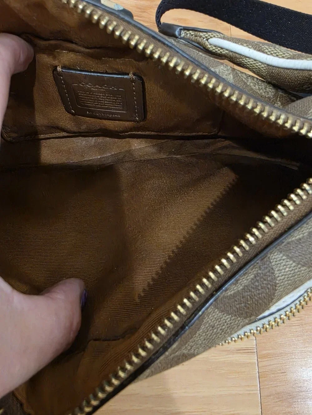 Coach Beige And Brown Leather Signature Logo Belt Bag Flaws As Pictured